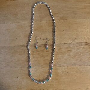 Elegant Silver, Blue, and Pink Beaded Necklace and Earring Set
